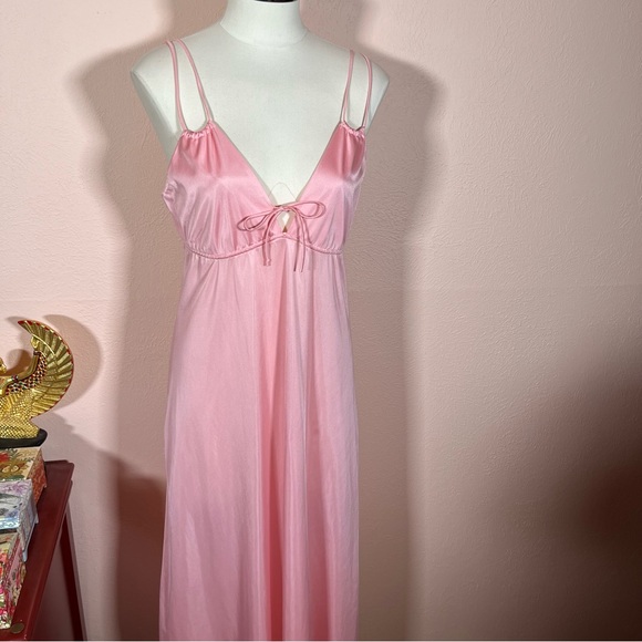 Vintage 60 70 Mod Minimalist Pink Satin Feminine Long Slip Dress - Picture 13 of 16
